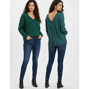 Thyme+Honey Green Back Weave Slit Design V-Neck Pullover Knit Sweater‎ Women's M